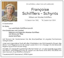 Schifflers-Schynts Francoise Anzeige