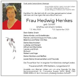 Henkes-Scheiff Hedwig Anzeige